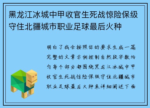 黑龙江冰城中甲收官生死战惊险保级守住北疆城市职业足球最后火种