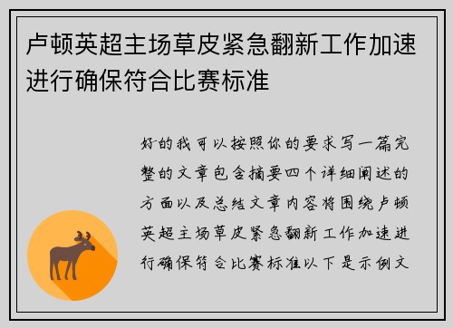 卢顿英超主场草皮紧急翻新工作加速进行确保符合比赛标准
