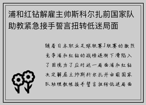 浦和红钻解雇主帅斯科尔扎前国家队助教紧急接手誓言扭转低迷局面